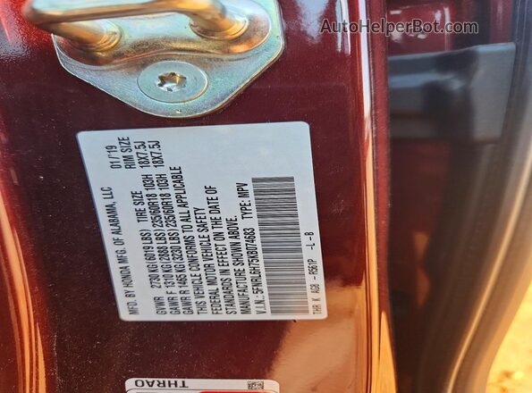 5FNRL6H75KB074683 2019 HONDA ODYSSEY Burgundy VIN კოდის სტიკერის ხედი