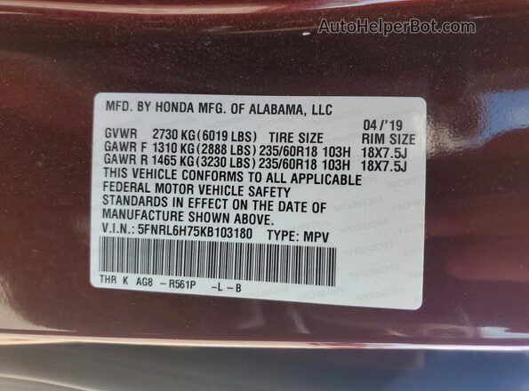 5FNRL6H75KB103180 2019 HONDA ODYSSEY Burgundy VIN կոդի պիտակի տեսք