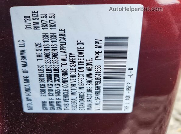 5FNRL6H75LB041653 2020 HONDA ODYSSEY Burgundy VIN կոդի պիտակի տեսք