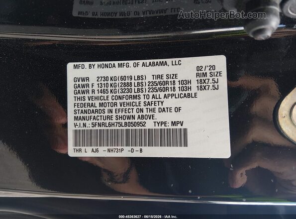 5FNRL6H75LB050952 2020 HONDA ODYSSEY Black Вид підкапотного простору