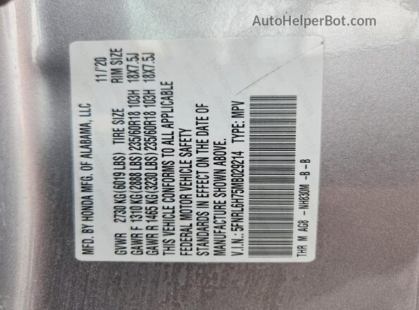 5FNRL6H75MB029214 2021 HONDA ODYSSEY Silver VIN կոդի պիտակի տեսք