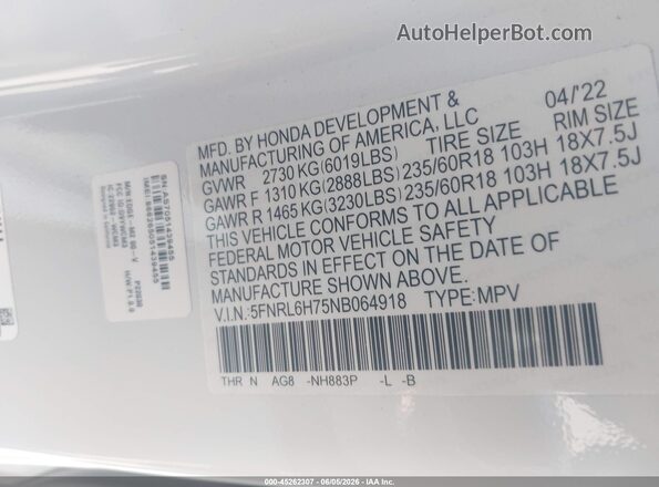 5FNRL6H75NB064918 2022 HONDA ODYSSEY White Engine compartment view
