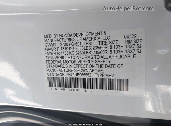 5FNRL6H75NB065552 2022 HONDA ODYSSEY White Engine compartment view
