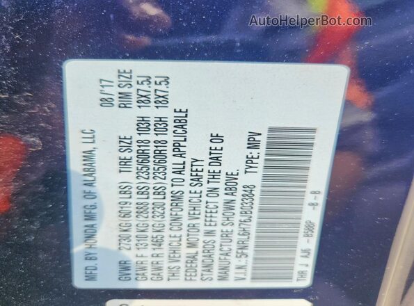 5FNRL6H76JB033848 2018 HONDA ODYSSEY Blue Widok wnętrza 360 stopni