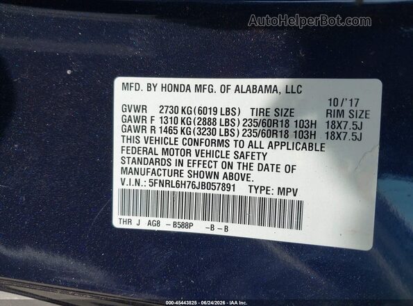 5FNRL6H76JB057891 2018 HONDA ODYSSEY Dark Blue Շարժիչի բաժամունքի տեսք
