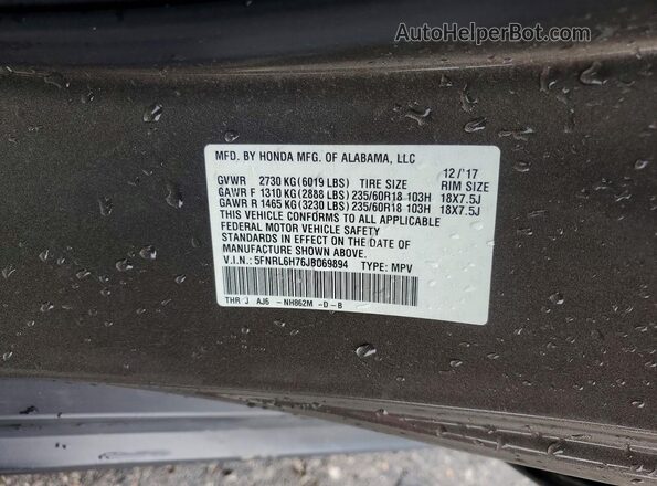 5FNRL6H76JB069894 2018 HONDA ODYSSEY Gray 