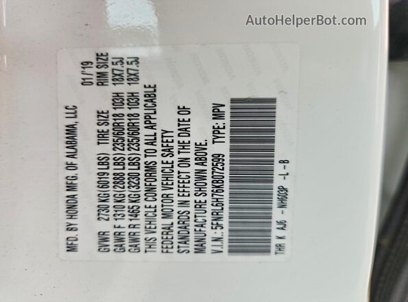 5FNRL6H76KB072599 2019 HONDA ODYSSEY Белый Вид подкапотного пространства