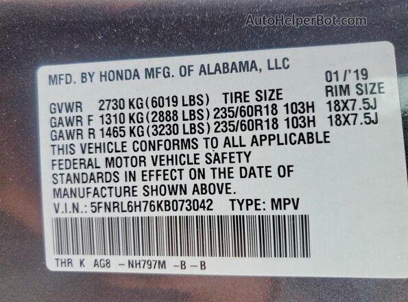 5FNRL6H76KB073042 2019 HONDA ODYSSEY Gray 360 interior view