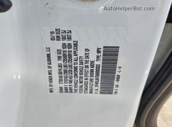 5FNRL6H76KB093033 2019 HONDA ODYSSEY White Vista de la etiqueta del VIN
