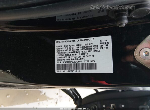 5FNRL6H76LB012999 2020 HONDA ODYSSEY Black Вид підкапотного простору