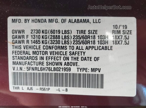 5FNRL6H76LB021959 2020 HONDA ODYSSEY Темно-бордовый Вид подкапотного пространства