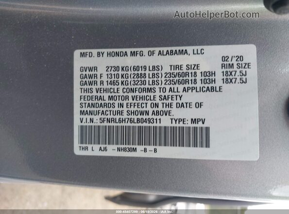 5FNRL6H76LB049311 2020 HONDA ODYSSEY Silver Շարժիչի բաժամունքի տեսք