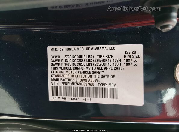 5FNRL6H76MB037600 2021 HONDA ODYSSEY Dark Blue Вид підкапотного простору