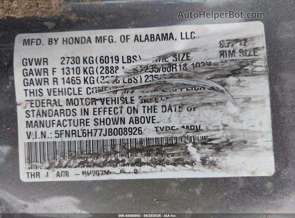 5FNRL6H77JB008926 2018 HONDA ODYSSEY Gray Вид підкапотного простору