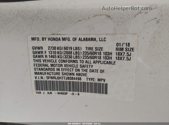 5FNRL6H77JB084498 2018 HONDA ODYSSEY White Widok komory silnika