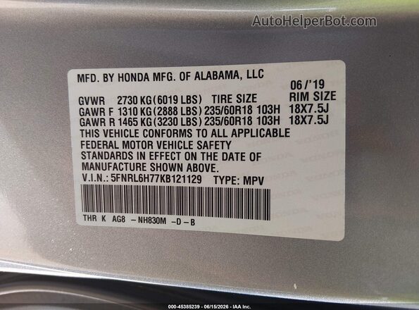 5FNRL6H77KB121129 2019 HONDA ODYSSEY Silver Engine compartment view