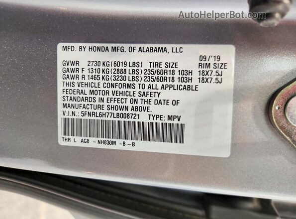 5FNRL6H77LB008721 2020 HONDA ODYSSEY Silver Widok naklejki z numerem VIN