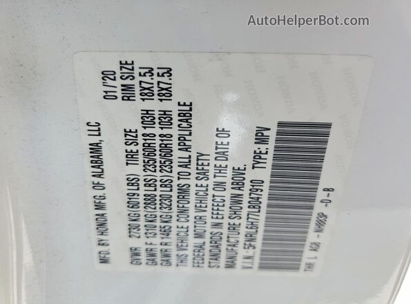 5FNRL6H77LB047910 2020 HONDA ODYSSEY White VIN կոդի պիտակի տեսք