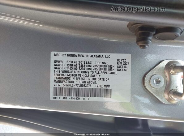 5FNRL6H77LB063976 2020 HONDA ODYSSEY Gray Vista del compartimento del motor