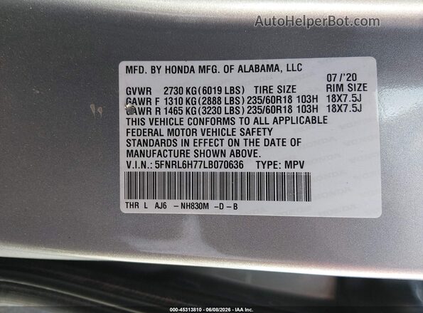 5FNRL6H77LB070636 2020 HONDA ODYSSEY Gray Вид підкапотного простору