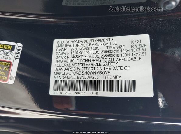5FNRL6H77NB044203 2022 HONDA ODYSSEY Black Widok komory silnika