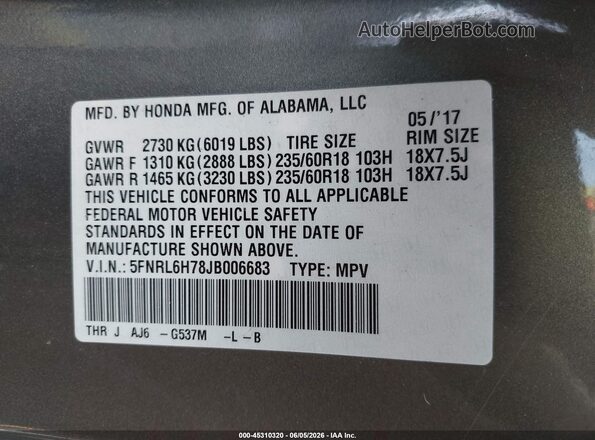 5FNRL6H78JB006683 2018 HONDA ODYSSEY Gray Vista del compartimento del motor