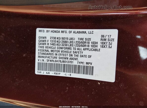 5FNRL6H78JB013701 2018 HONDA ODYSSEY Maroon Widok komory silnika