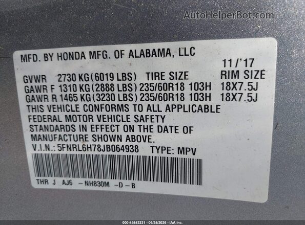 5FNRL6H78JB064938 2018 HONDA ODYSSEY Silver ძრავის განყოფილების ხედი