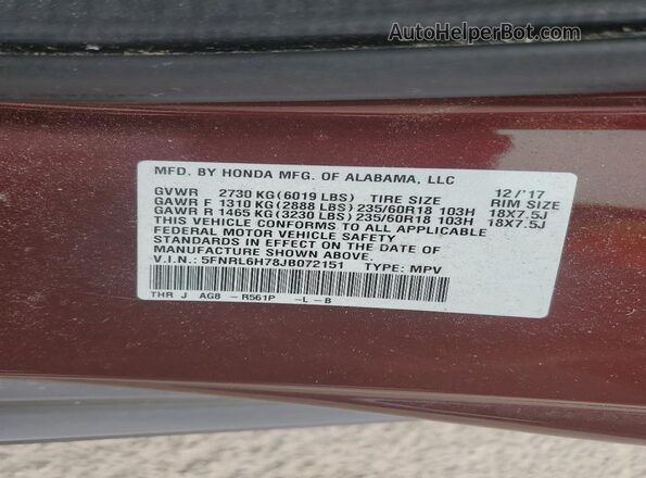5FNRL6H78JB072151 2018 HONDA ODYSSEY Maroon Вид наклейки з VIN-кодом