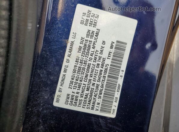 5FNRL6H78JB100675 2018 HONDA ODYSSEY Blue VIN კოდის სტიკერის ხედი