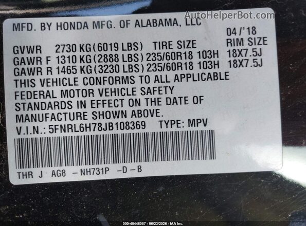 5FNRL6H78JB108369 2018 HONDA ODYSSEY Black Շարժիչի բաժամունքի տեսք
