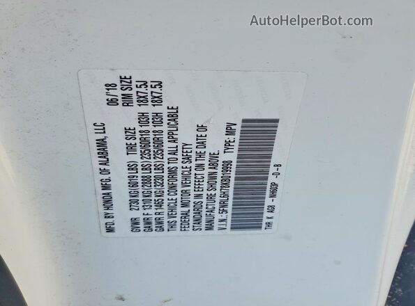 5FNRL6H78KB019998 2019 HONDA ODYSSEY White 