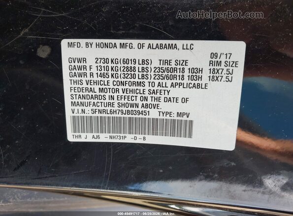 5FNRL6H79JB039451 2018 HONDA ODYSSEY Black Widok komory silnika