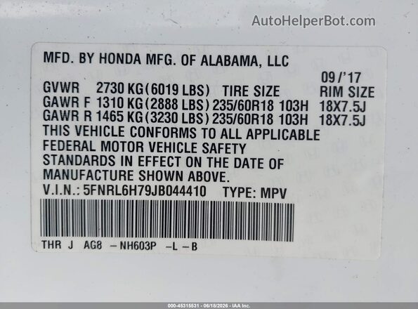 5FNRL6H79JB044410 2018 HONDA ODYSSEY White Engine compartment view