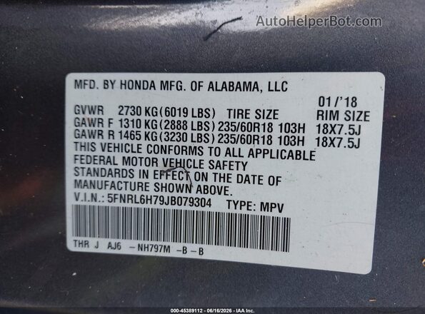 5FNRL6H79JB079304 2018 HONDA ODYSSEY Gray Շարժիչի բաժամունքի տեսք
