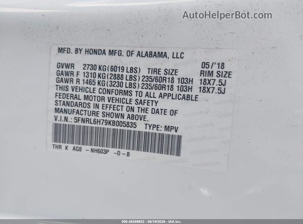 5FNRL6H79KB005835 2019 HONDA ODYSSEY White Vista del compartimento del motor
