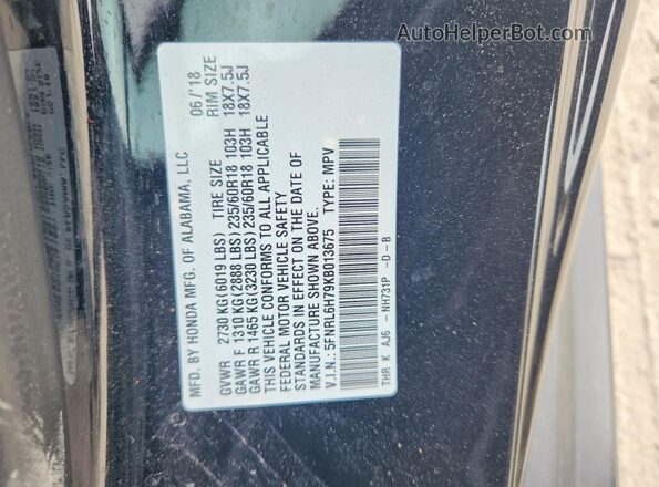 5FNRL6H79KB013675 2019 HONDA ODYSSEY Black VIN sticker view