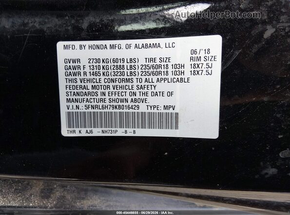 5FNRL6H79KB016429 2019 HONDA ODYSSEY Black Շարժիչի բաժամունքի տեսք
