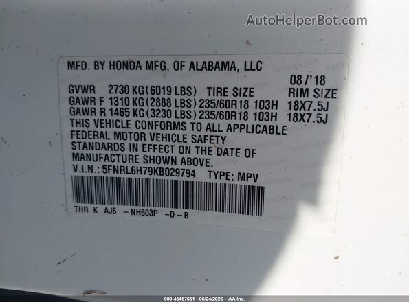 5FNRL6H79KB029794 2019 HONDA ODYSSEY White Vista del compartimento del motor