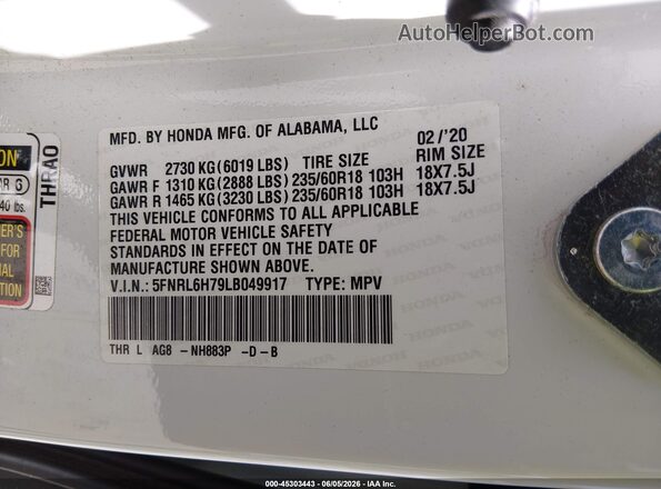 5FNRL6H79LB049917 2020 HONDA ODYSSEY White Engine compartment view