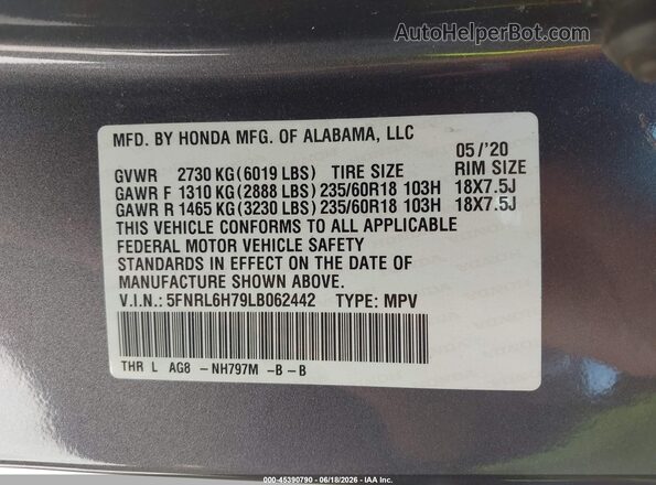 5FNRL6H79LB062442 2020 HONDA ODYSSEY Gray Engine compartment view