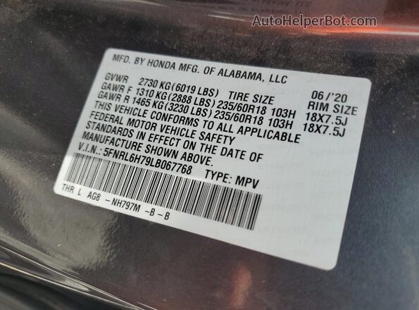 5FNRL6H79LB067768 2020 HONDA ODYSSEY Gray 