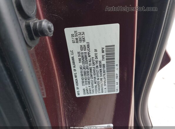 5FNRL6H79LB071089 2020 HONDA ODYSSEY Red Engine compartment view