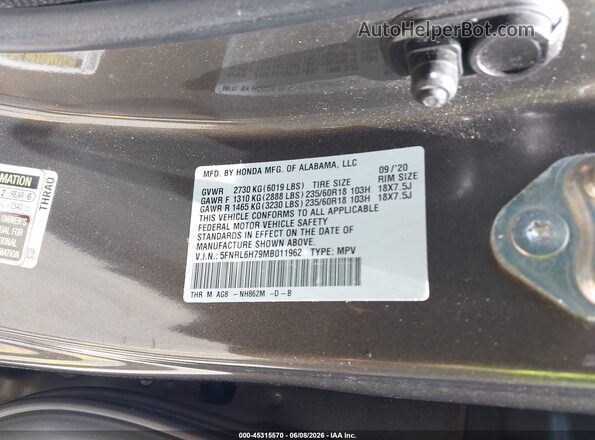 5FNRL6H79MB011962 2021 HONDA ODYSSEY Gray 
