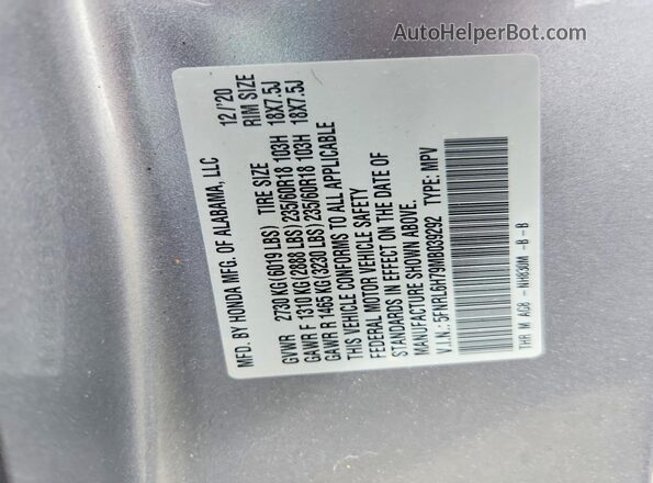 5FNRL6H79MB039292 2021 HONDA ODYSSEY Silver VIN կոդի պիտակի տեսք