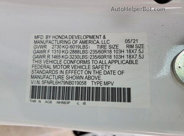 5FNRL6H79NB019058 2022 HONDA ODYSSEY White Панорамний вид салону 360°