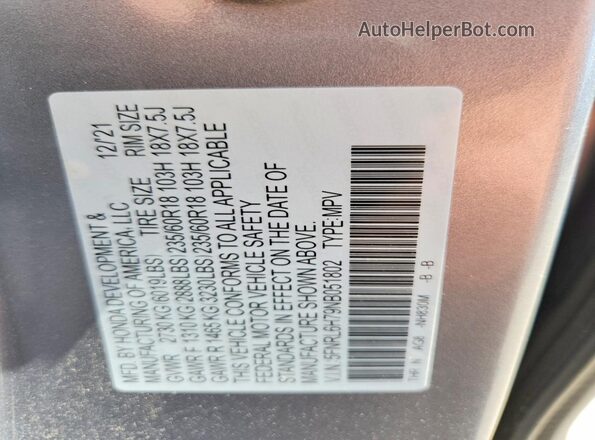 5FNRL6H79NB051802 2022 HONDA ODYSSEY Silver Вид наклейки з VIN-кодом