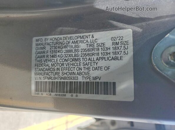 5FNRL6H79NB059303 2022 HONDA ODYSSEY Silver Панорамний вид салону 360°