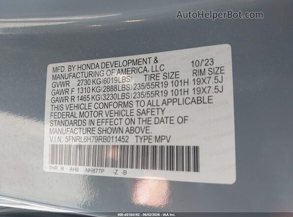 5FNRL6H79RB011452 2024 HONDA ODYSSEY Blue Engine compartment view