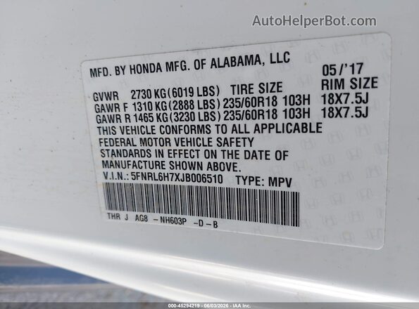 5FNRL6H7XJB006510 2018 HONDA ODYSSEY White Vista del compartimento del motor